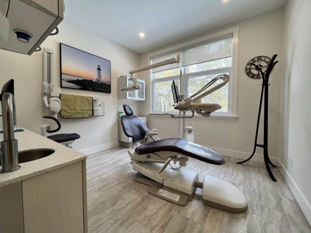 Dental operatory located on the second floor with large bright windows and a calming atmosphere.